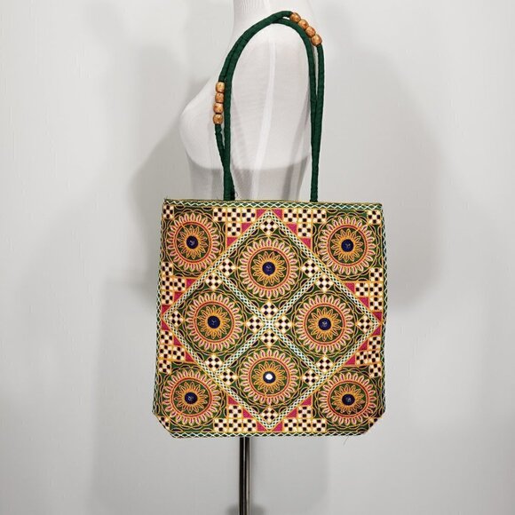 Embroidered market bag with sequins and beaded handle accents Boho Bohemian - Picture 1 of 4